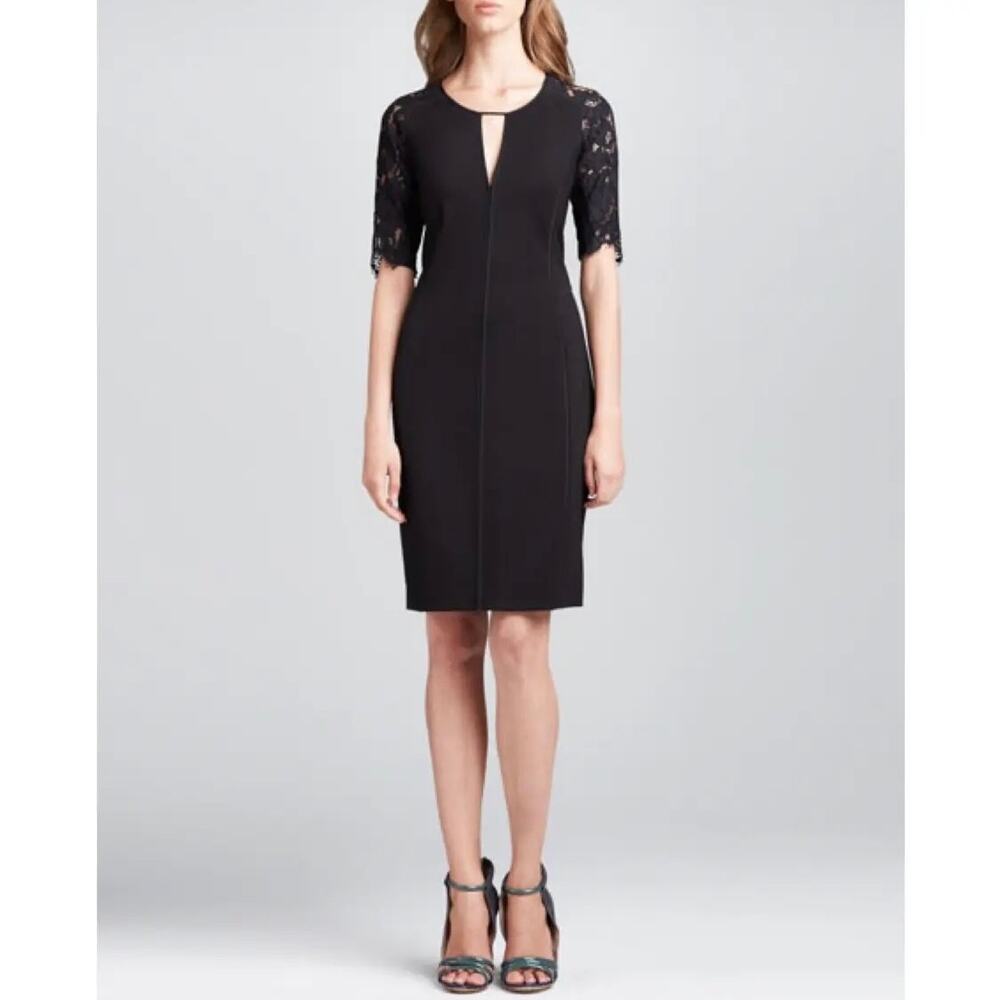 Rebecca Taylor Black Lace Sleeve Keyhole Fitted Sheath Dress Size 6